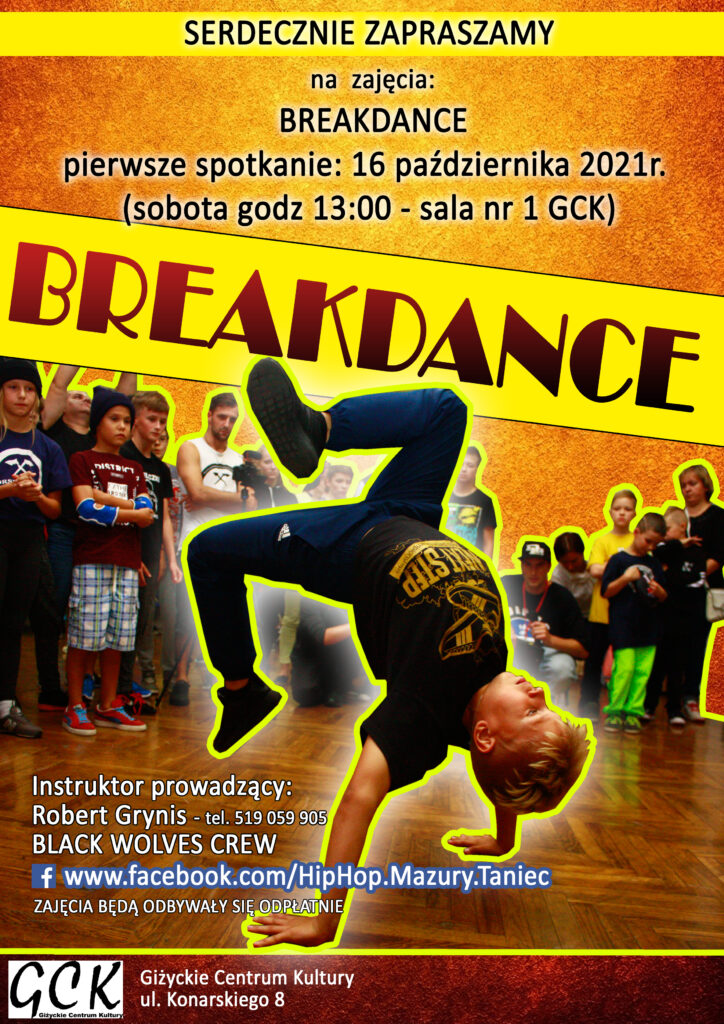 Plakat zajęć breakdance, przedstawiający młodzież w różnych figurach tanecznych