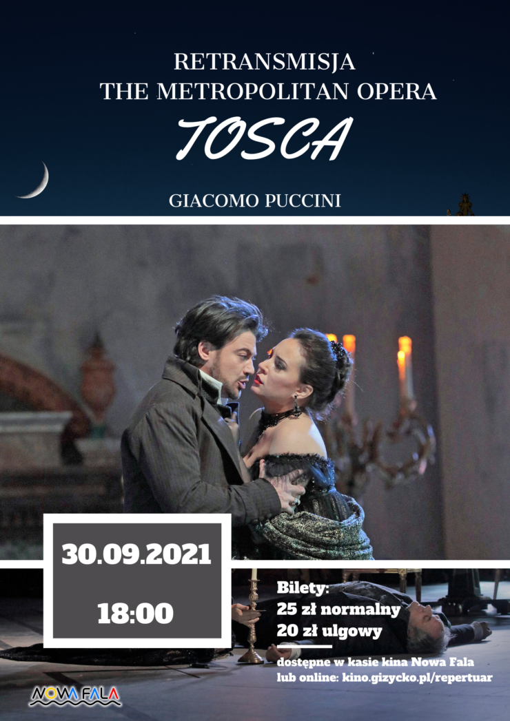 plakat do retransmisji opery Tosca, zawierający kadr z głównymi bohaterami