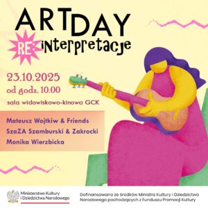 Na obrazku grafika przedstawiająca kobietę w różowej sukience, grającą na ukulele.